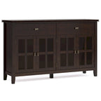 Buffet de salle à manger en pin massif 4 portes avec panneaux en verre – Marron roussâtre / Marron châtaigne foncé / Noir – Meuble simple