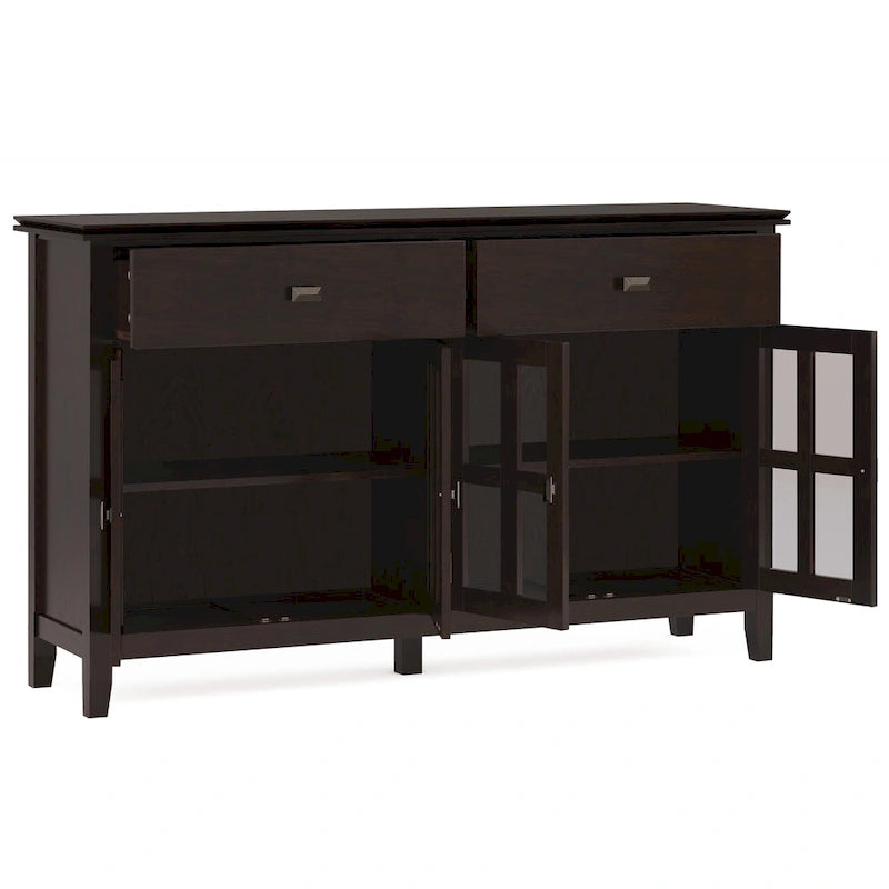 Buffet de salle à manger en pin massif 4 portes avec panneaux en verre – Marron roussâtre / Marron châtaigne foncé / Noir – Meuble simple