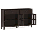 Buffet de salle à manger en pin massif 4 portes avec panneaux en verre – Marron roussâtre / Marron châtaigne foncé / Noir – Meuble simple