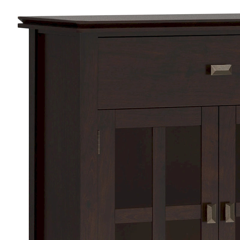 Buffet de salle à manger en pin massif 4 portes avec panneaux en verre – Marron roussâtre / Marron châtaigne foncé / Noir – Meuble simple