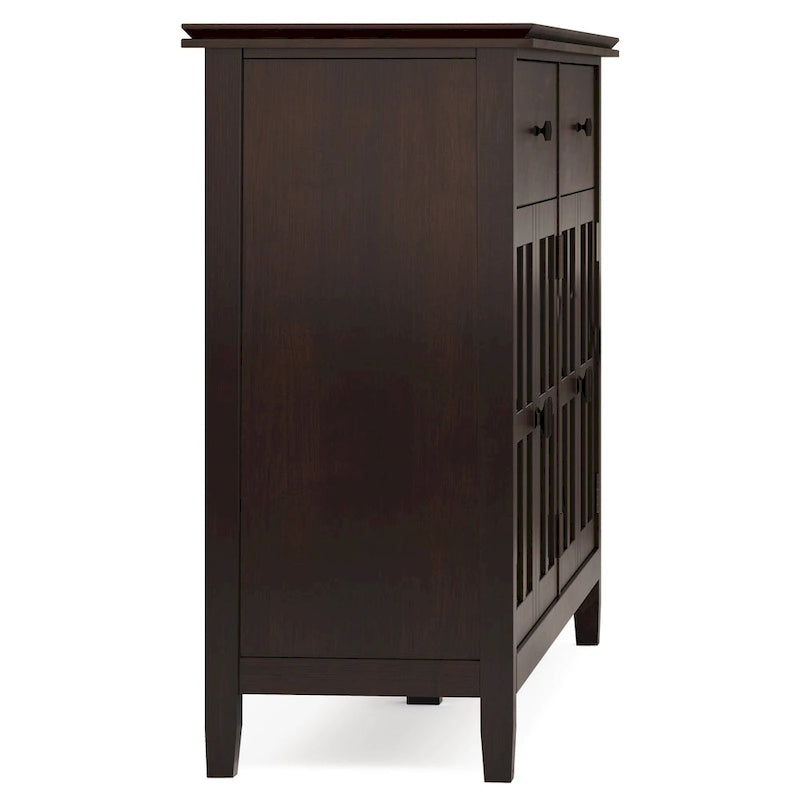 Buffet de salle à manger en pin massif 4 portes avec panneaux en verre – Marron roussâtre / Marron châtaigne foncé / Noir – Meuble simple