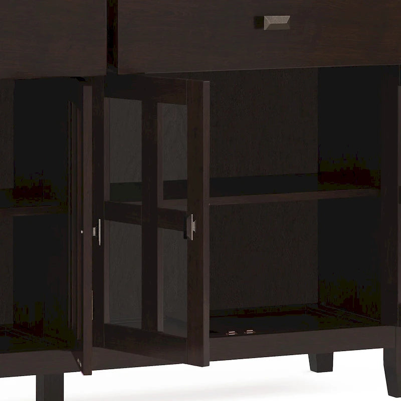 Buffet de salle à manger en pin massif 4 portes avec panneaux en verre – Marron roussâtre / Marron châtaigne foncé / Noir – Meuble simple