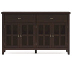Buffet de salle à manger en pin massif 4 portes avec panneaux en verre – Marron roussâtre / Marron châtaigne foncé / Noir – Meuble simple