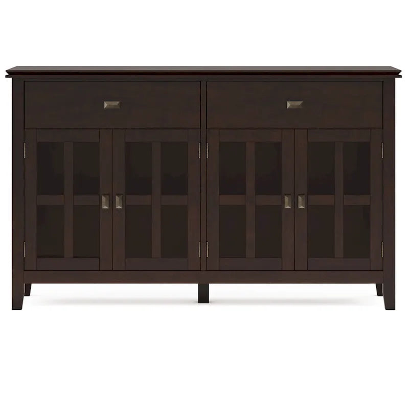 Buffet de salle à manger en pin massif 4 portes avec panneaux en verre – Marron roussâtre / Marron châtaigne foncé / Noir – Meuble simple