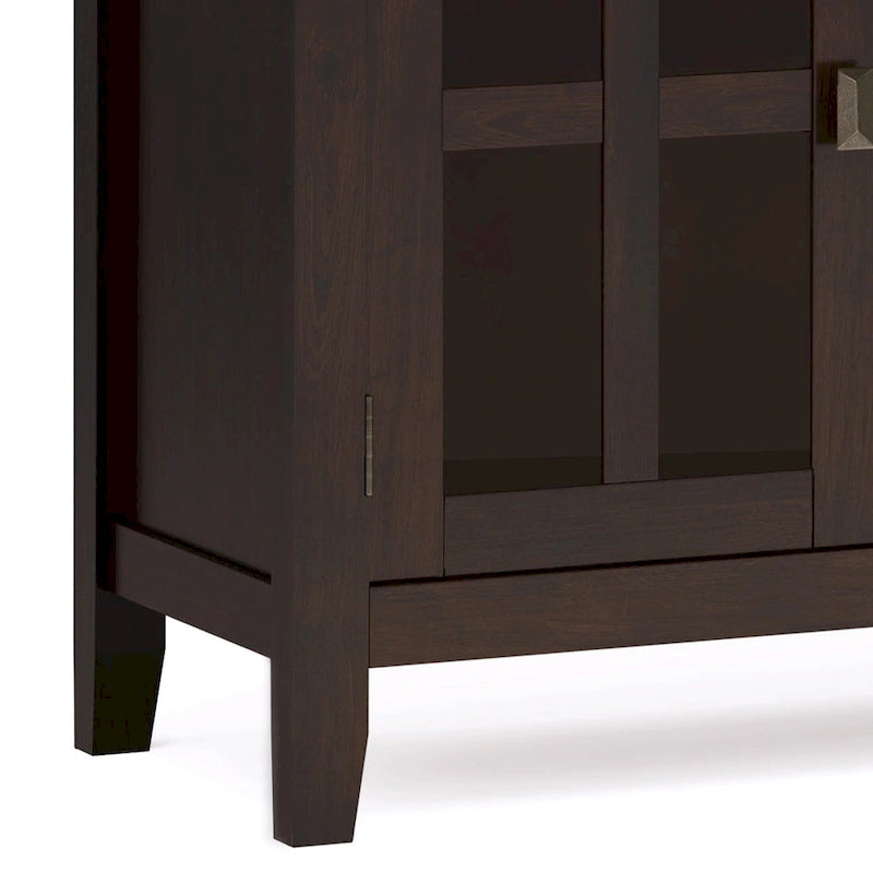 Buffet de salle à manger en pin massif 4 portes avec panneaux en verre – Marron roussâtre / Marron châtaigne foncé / Noir – Meuble simple