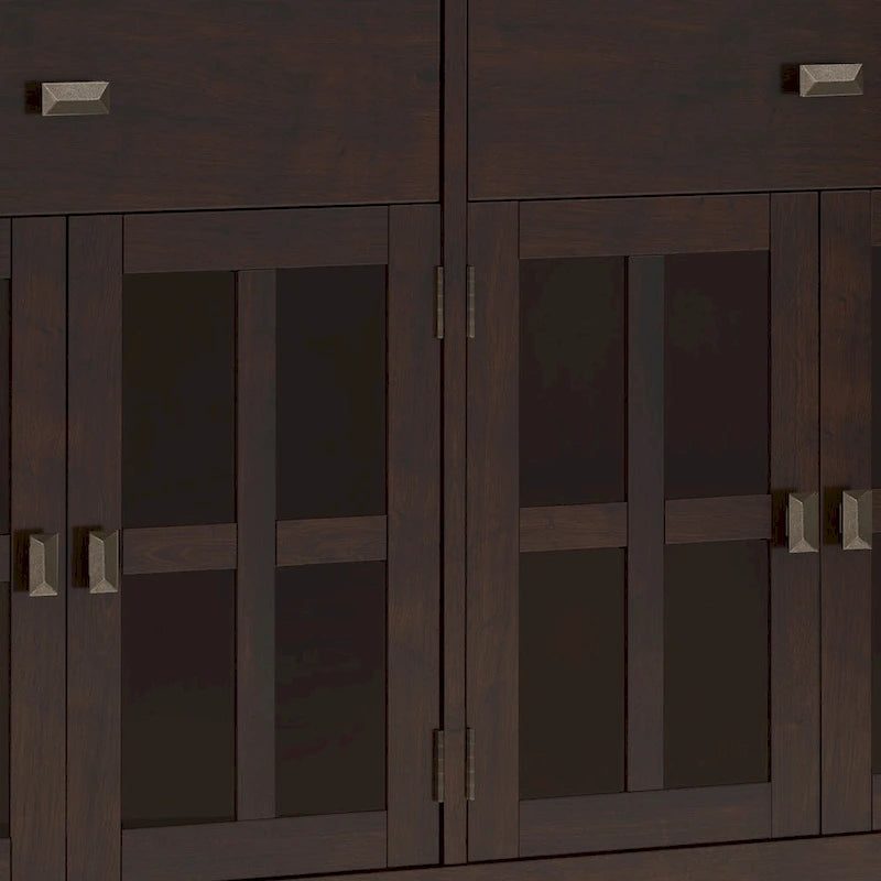 Buffet de salle à manger en pin massif 4 portes avec panneaux en verre – Marron roussâtre / Marron châtaigne foncé / Noir – Meuble simple
