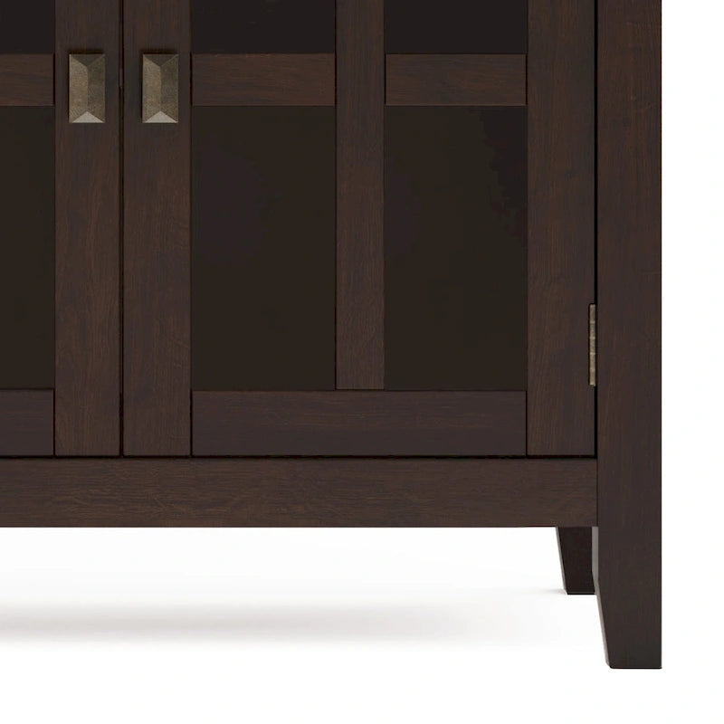 Buffet de salle à manger en pin massif 4 portes avec panneaux en verre – Marron roussâtre / Marron châtaigne foncé / Noir – Meuble simple