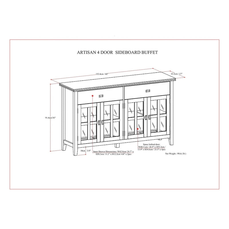Buffet de salle à manger en pin massif 4 portes avec panneaux en verre – Marron roussâtre / Marron châtaigne foncé / Noir – Meuble simple