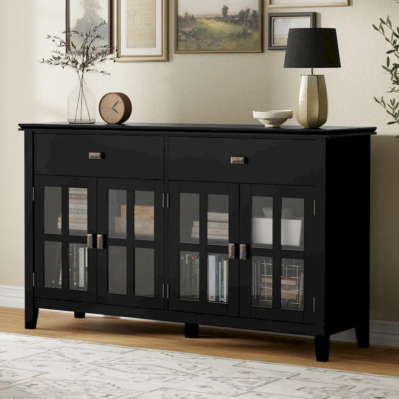 Buffet de salle à manger en pin massif 4 portes avec panneaux en verre – Marron roussâtre / Marron châtaigne foncé / Noir – Meuble simple