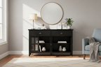 Buffet de salle à manger en pin massif 4 portes avec panneaux en verre – Marron roussâtre / Marron châtaigne foncé / Noir – Meuble simple