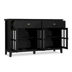 Buffet de salle à manger en pin massif 4 portes avec panneaux en verre – Marron roussâtre / Marron châtaigne foncé / Noir – Meuble simple
