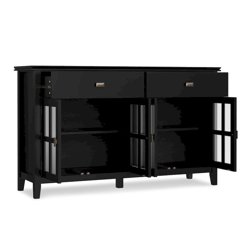 Buffet de salle à manger en pin massif 4 portes avec panneaux en verre – Marron roussâtre / Marron châtaigne foncé / Noir – Meuble simple