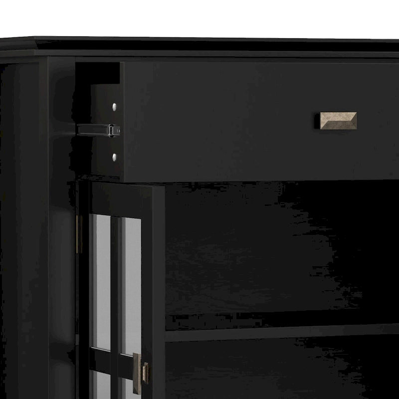 Buffet de salle à manger en pin massif 4 portes avec panneaux en verre – Marron roussâtre / Marron châtaigne foncé / Noir – Meuble simple