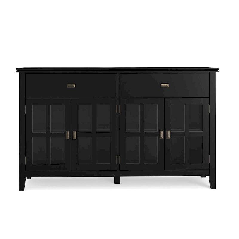 Buffet de salle à manger en pin massif 4 portes avec panneaux en verre – Marron roussâtre / Marron châtaigne foncé / Noir – Meuble simple