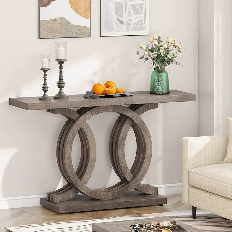 Table console à base géométrique de couleur marron clair/gris clair/blanc/naturel avec cadre incurvé – 55", unité simple