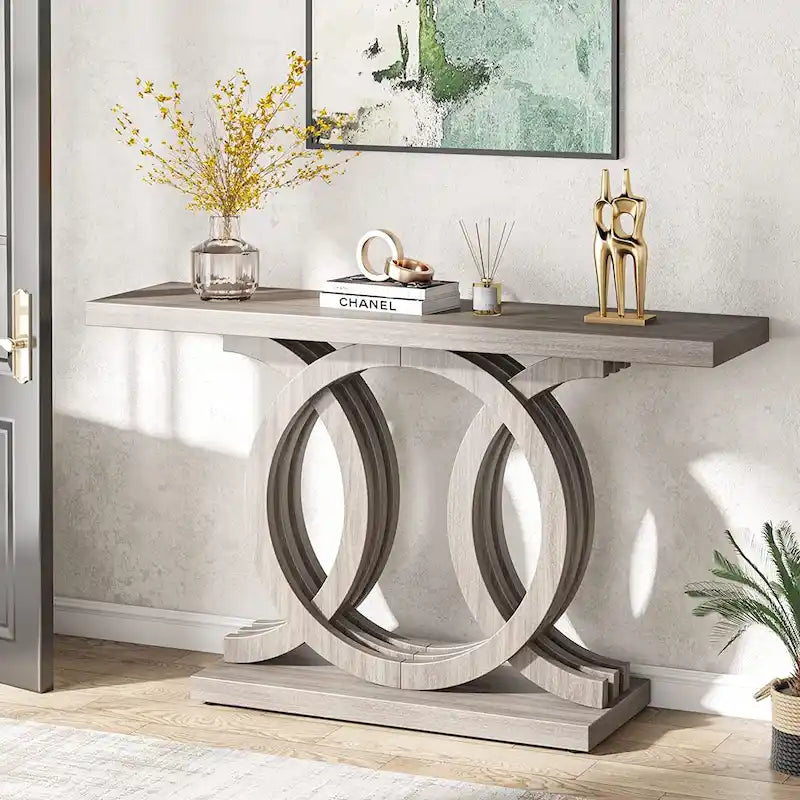 Table console à base géométrique de couleur marron clair/gris clair/blanc/naturel avec cadre incurvé – 55", unité simple