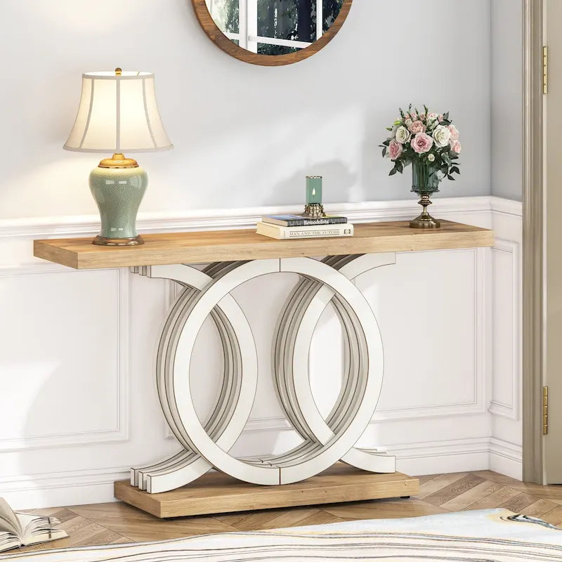 Table console à base géométrique de couleur marron clair/gris clair/blanc/naturel avec cadre incurvé – 55", unité simple