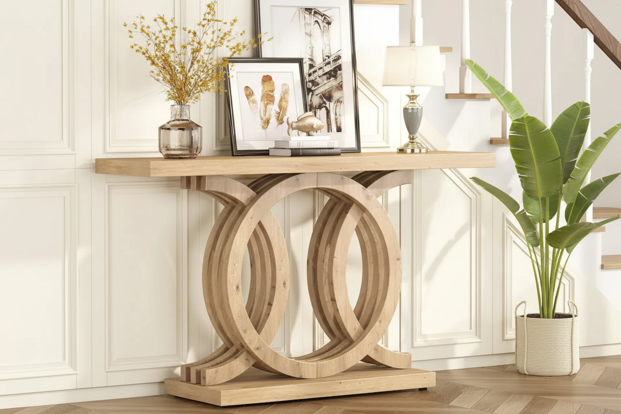 Table console à base géométrique de couleur marron clair/gris clair/blanc/naturel avec cadre incurvé – 55", unité simple