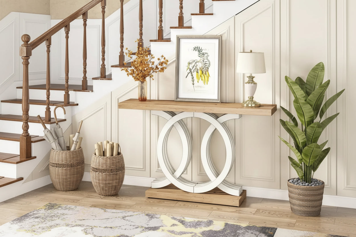 Table console à base géométrique de couleur marron clair/gris clair/blanc/naturel avec cadre incurvé – 55", unité simple