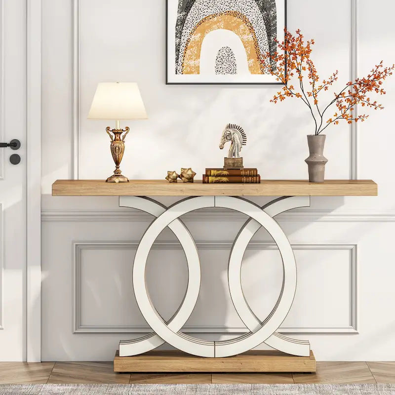 Table console à base géométrique de couleur marron clair/gris clair/blanc/naturel avec cadre incurvé – 55", unité simple