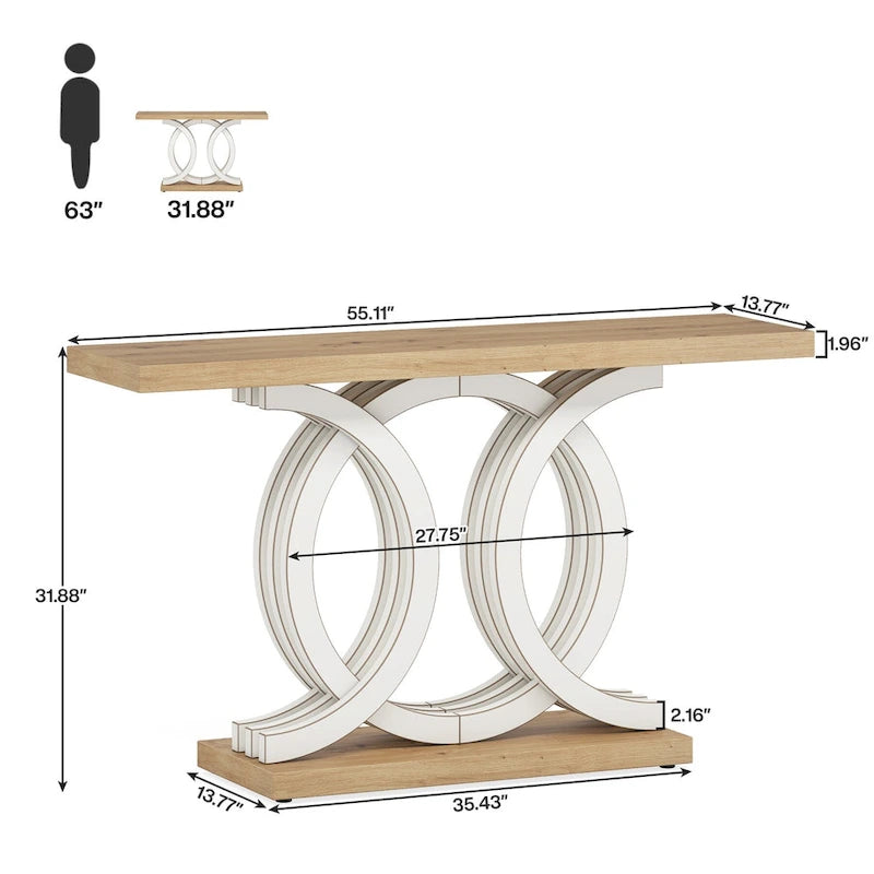 Table console à base géométrique de couleur marron clair/gris clair/blanc/naturel avec cadre incurvé – 55", unité simple
