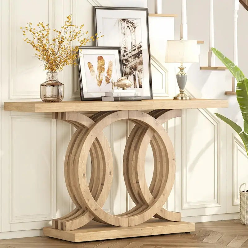 Table console à base géométrique de couleur marron clair/gris clair/blanc/naturel avec cadre incurvé – 55", unité simple