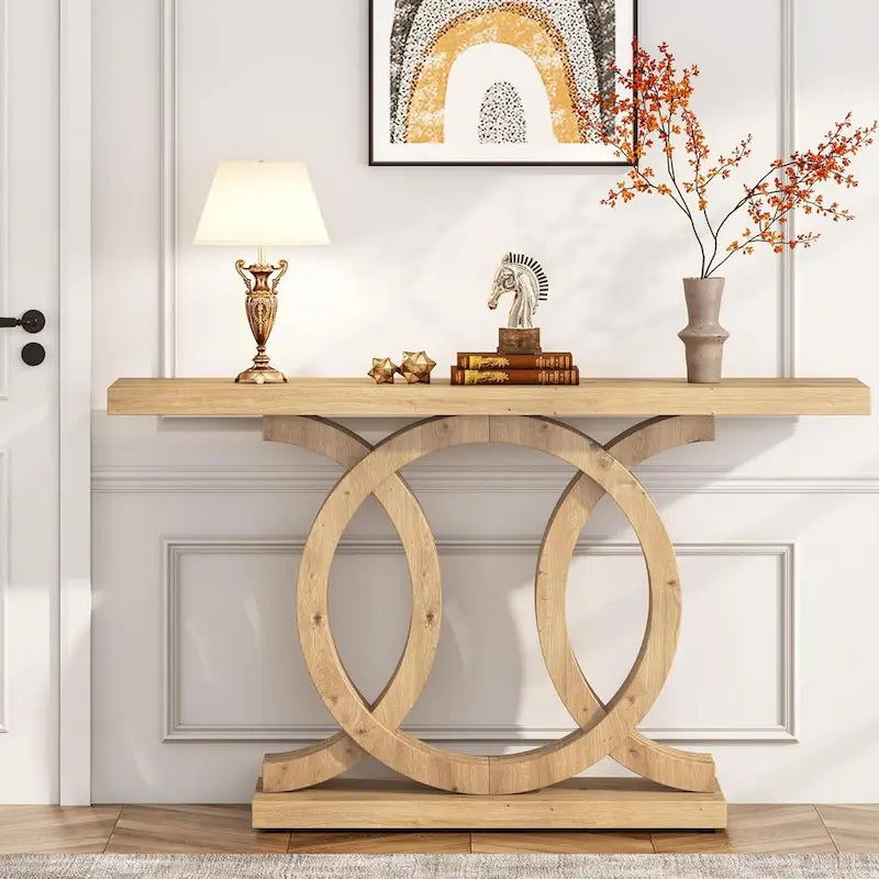 Table console à base géométrique de couleur marron clair/gris clair/blanc/naturel avec cadre incurvé – 55", unité simple