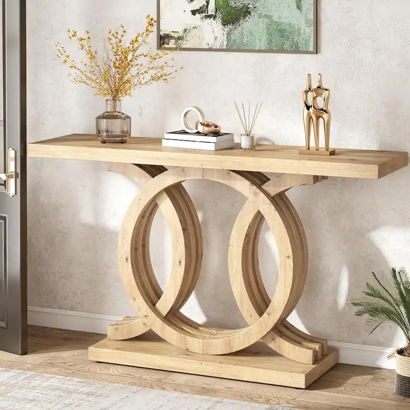 Table console à base géométrique de couleur marron clair/gris clair/blanc/naturel avec cadre incurvé – 55", unité simple