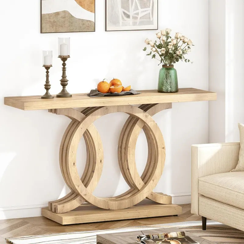 Table console à base géométrique de couleur marron clair/gris clair/blanc/naturel avec cadre incurvé – 55", unité simple