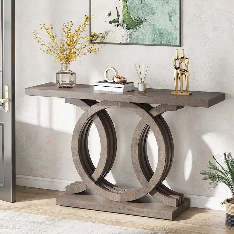 Table console à base géométrique de couleur marron clair/gris clair/blanc/naturel avec cadre incurvé – 55", unité simple