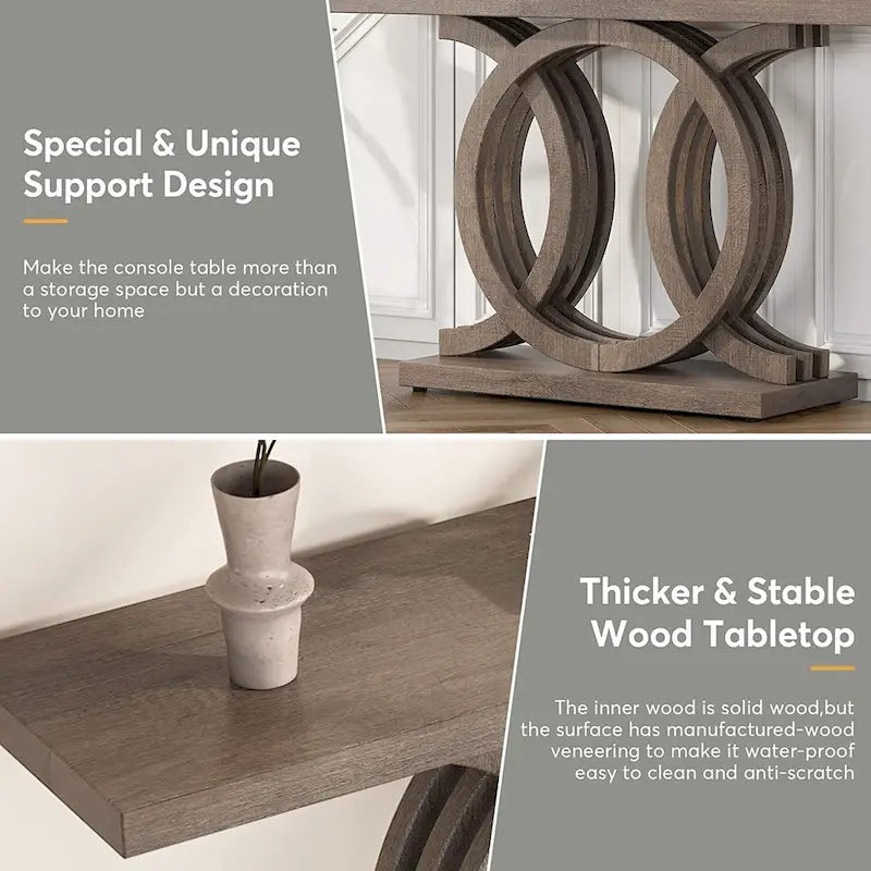 Table console à base géométrique de couleur marron clair/gris clair/blanc/naturel avec cadre incurvé – 55", unité simple