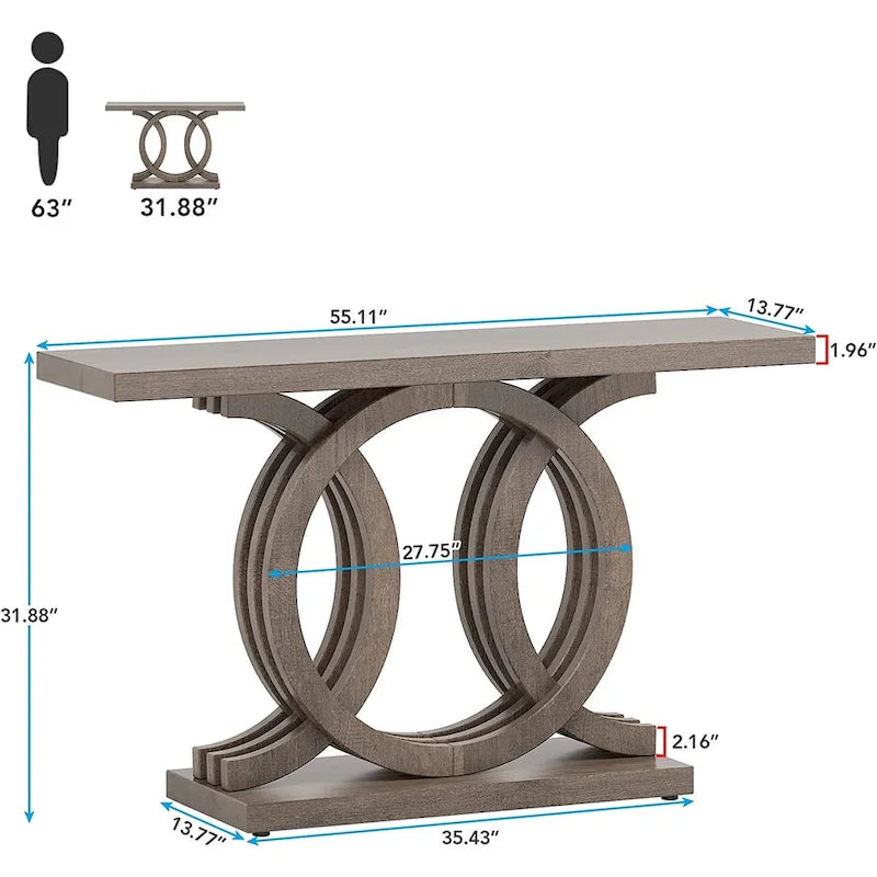 Table console à base géométrique de couleur marron clair/gris clair/blanc/naturel avec cadre incurvé – 55", unité simple