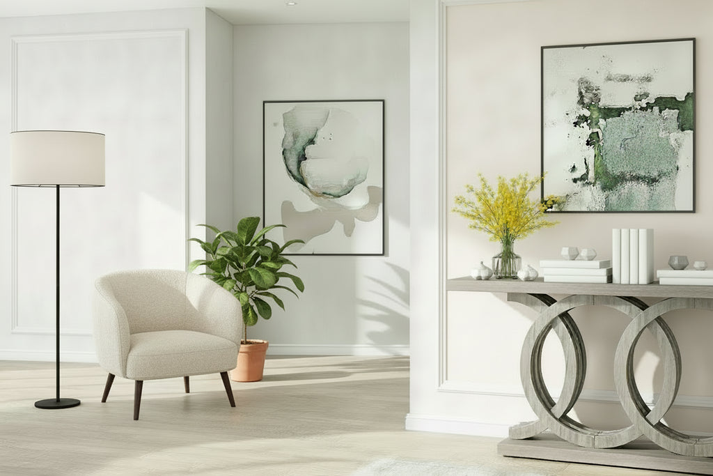 Table console à base géométrique de couleur marron clair/gris clair/blanc/naturel avec cadre incurvé – 55", unité simple