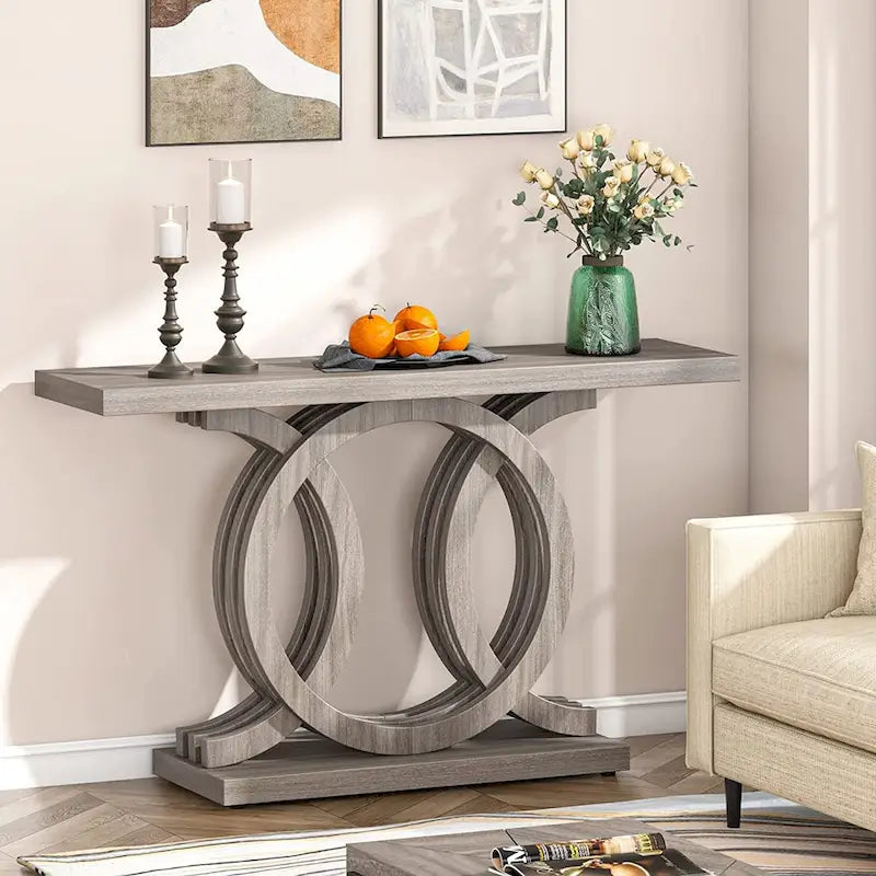 Table console à base géométrique de couleur marron clair/gris clair/blanc/naturel avec cadre incurvé – 55", unité simple