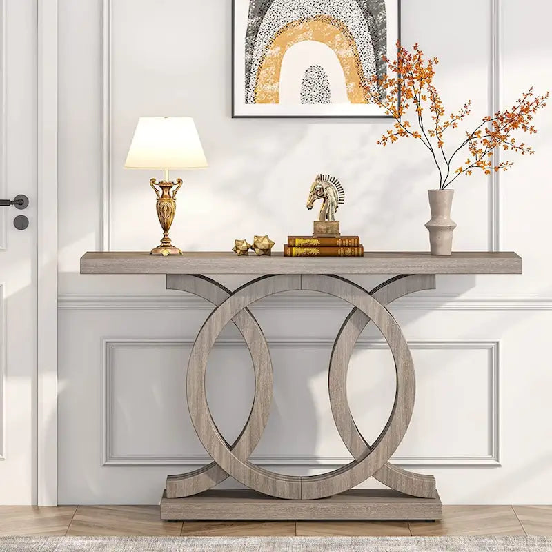 Table console à base géométrique de couleur marron clair/gris clair/blanc/naturel avec cadre incurvé – 55", unité simple