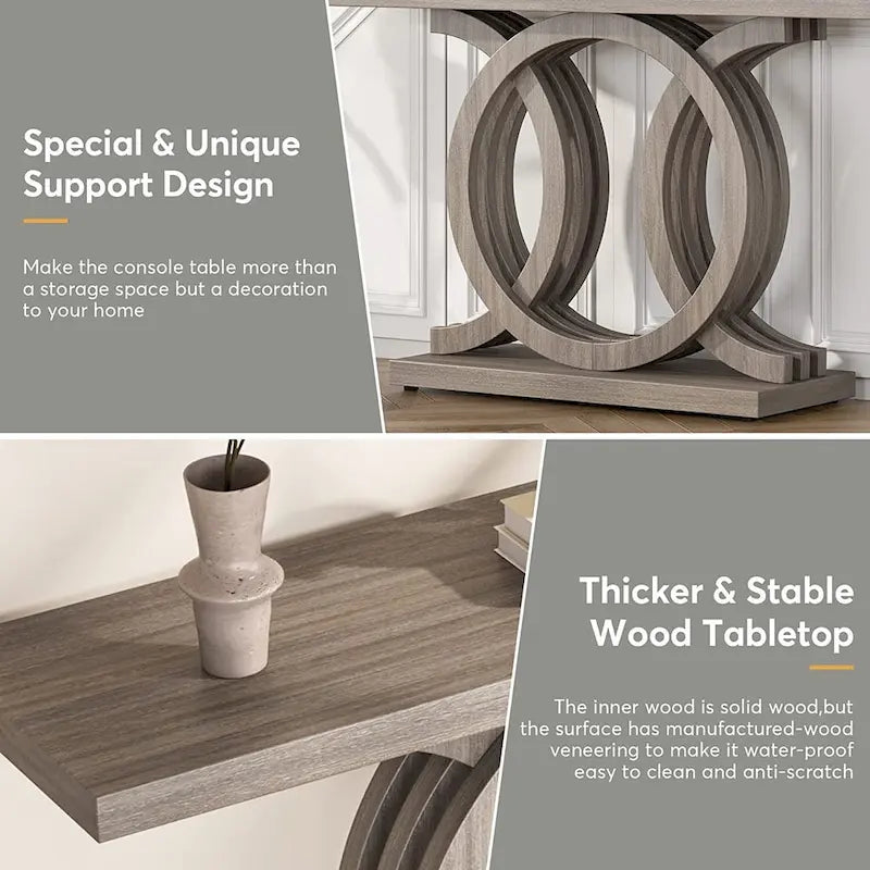 Table console à base géométrique de couleur marron clair/gris clair/blanc/naturel avec cadre incurvé – 55", unité simple