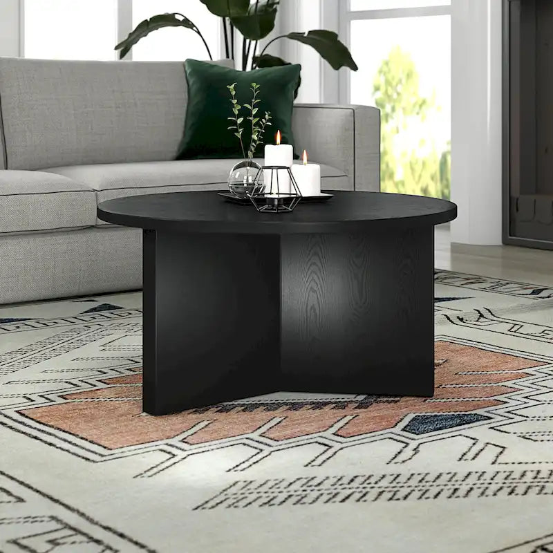 Table basse ronde multicolore avec piètement en X – Style scandinave, pour 1 à 2 personnes