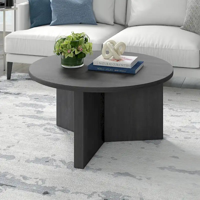 Table basse ronde multicolore avec piètement en X – Style scandinave, pour 1 à 2 personnes