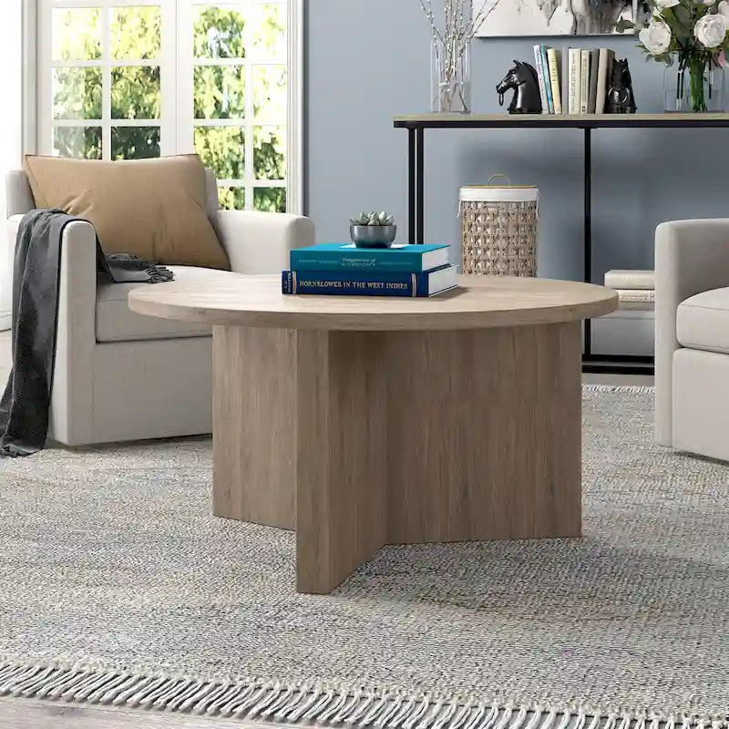 Table basse ronde multicolore avec piètement en X – Style scandinave, pour 1 à 2 personnes