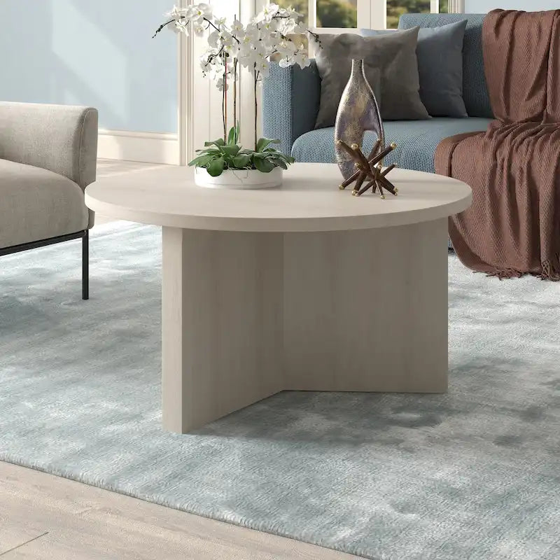 Table basse ronde multicolore avec piètement en X – Style scandinave, pour 1 à 2 personnes