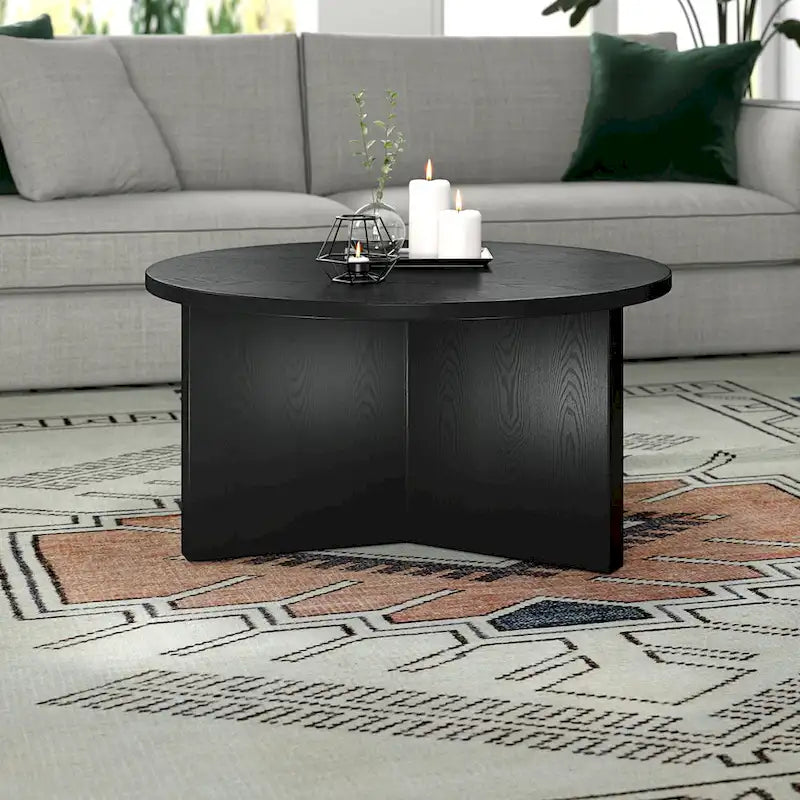 Table basse ronde multicolore avec piètement en X – Style scandinave, pour 1 à 2 personnes