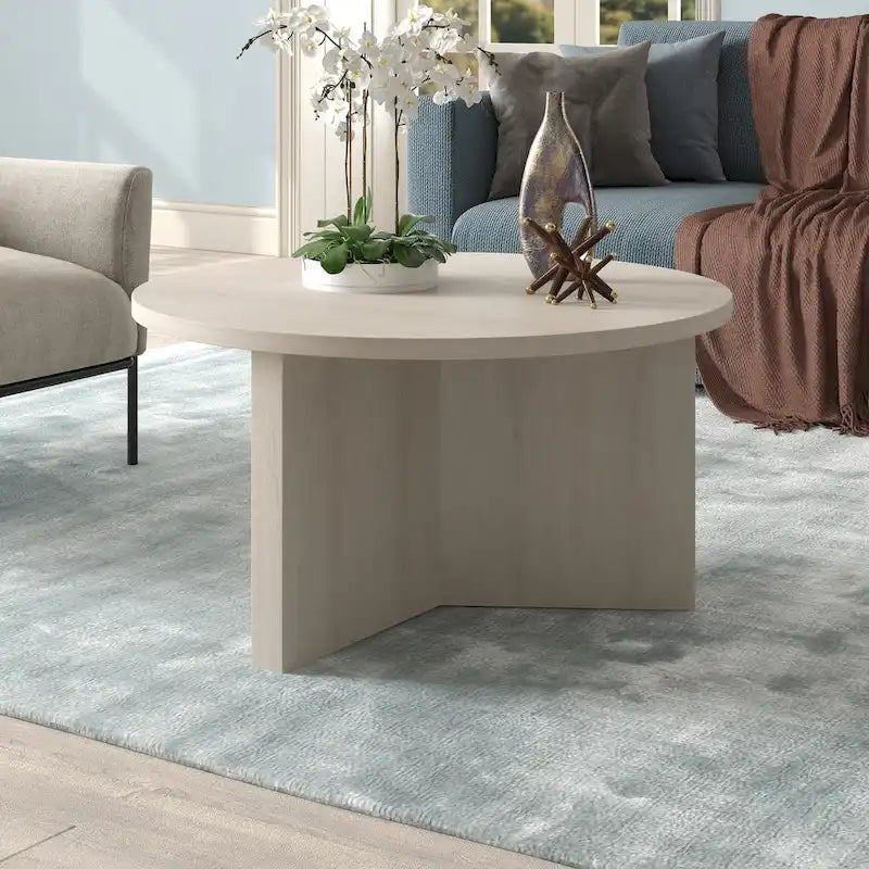 Table basse ronde multicolore avec piètement en X – Style scandinave, pour 1 à 2 personnes