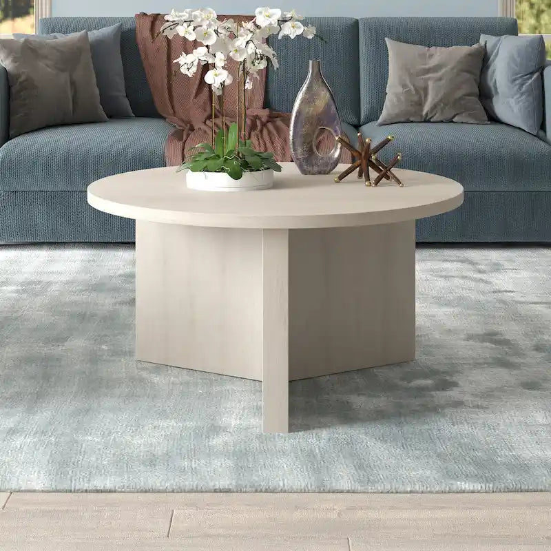 Table basse ronde multicolore avec piètement en X – Style scandinave, pour 1 à 2 personnes