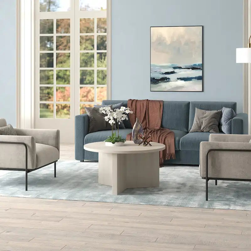 Table basse ronde multicolore avec piètement en X – Style scandinave, pour 1 à 2 personnes