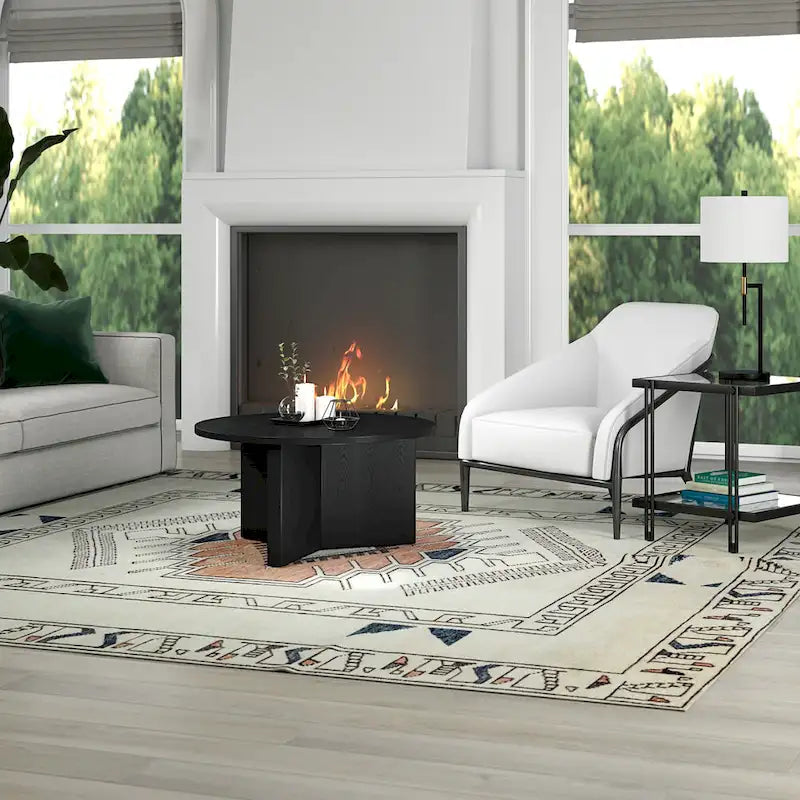Table basse ronde multicolore avec piètement en X – Style scandinave, pour 1 à 2 personnes