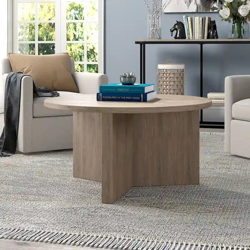 Table basse ronde multicolore avec piètement en X – Style scandinave, pour 1 à 2 personnes