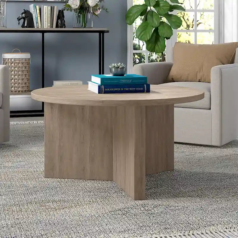 Table basse ronde multicolore avec piètement en X – Style scandinave, pour 1 à 2 personnes