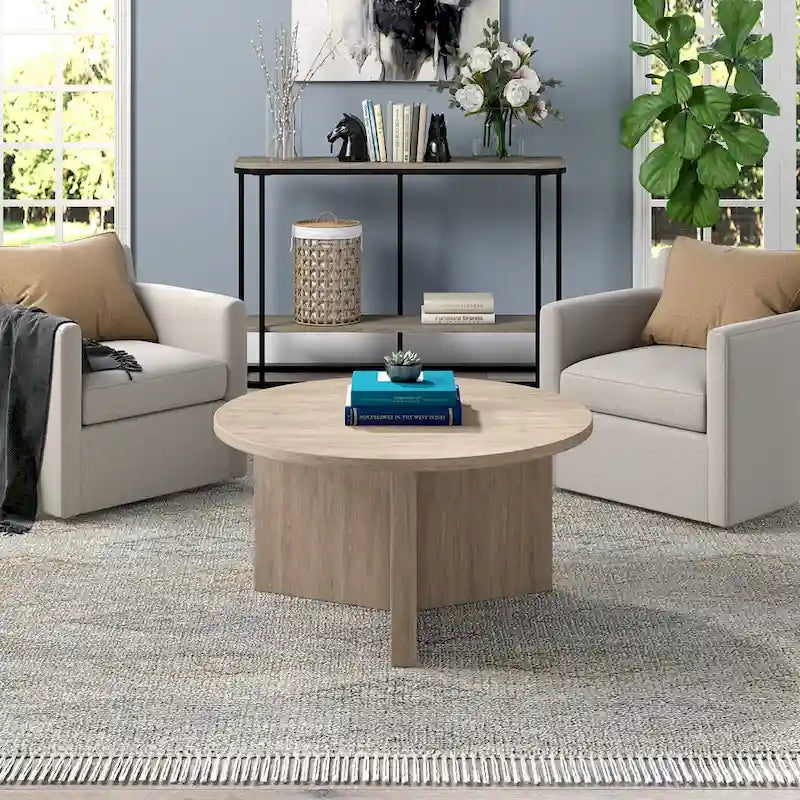Table basse ronde multicolore avec piètement en X – Style scandinave, pour 1 à 2 personnes