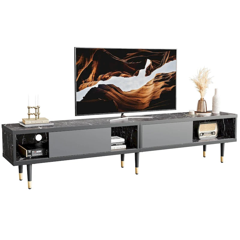 Meuble TV en marbre noir / noyer / pin avec portes coulissantes – Style moderne du milieu du siècle, usage familial