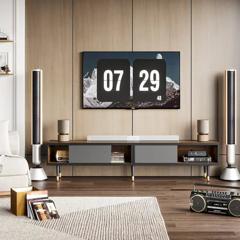 Meuble TV en marbre noir / noyer / pin avec portes coulissantes – Style moderne du milieu du siècle, usage familial